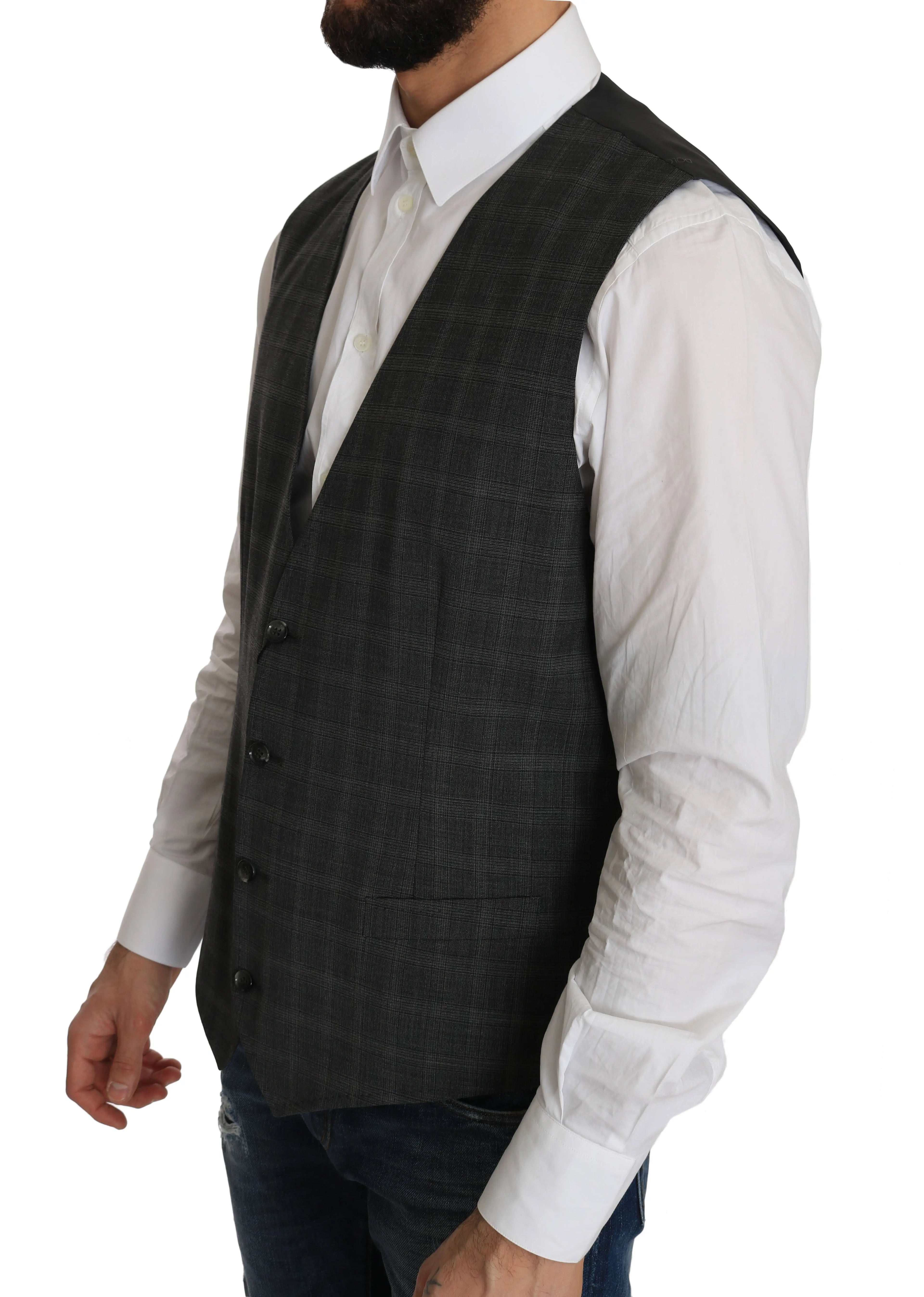 Dolce & Gabbana Gray Wool STAFF Checkered Stretch Vest - Zeiniez