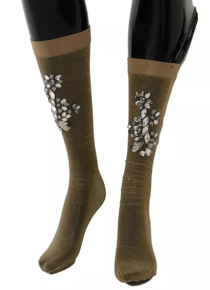Dolce & Gabbana Gold Stretch Floral Clear Crystal Stocking Socks - Zeiniez