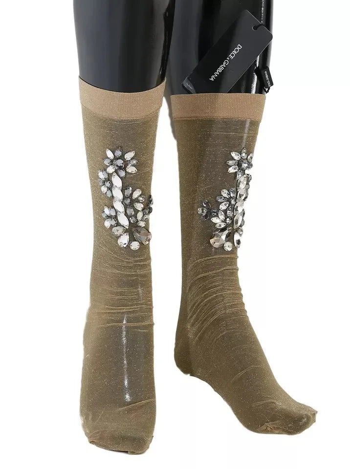 Dolce & Gabbana Gold Stretch Floral Clear Crystal Stocking Socks - Zeiniez