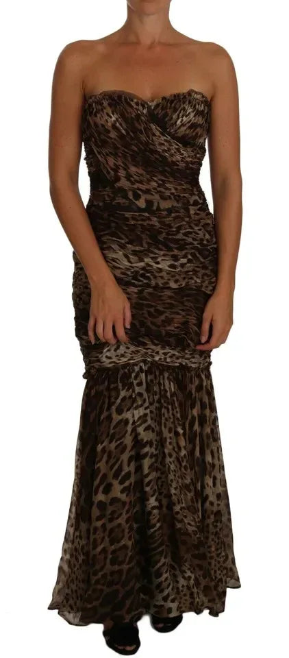 Dolce & Gabbana Brown Leopard Silk Chiffon Ruched Mermaid Maxi Dress - Zeiniez