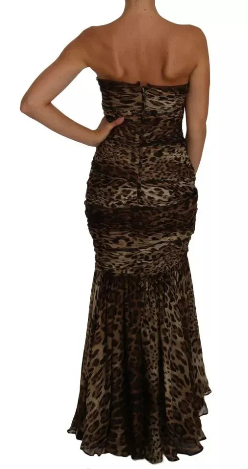 Dolce & Gabbana Brown Leopard Silk Chiffon Ruched Mermaid Maxi Dress - Zeiniez