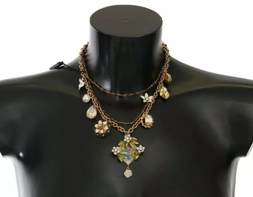 Dolce & Gabbana Gold Brass Crystal Floral Statement Charms Necklace - Zeiniez