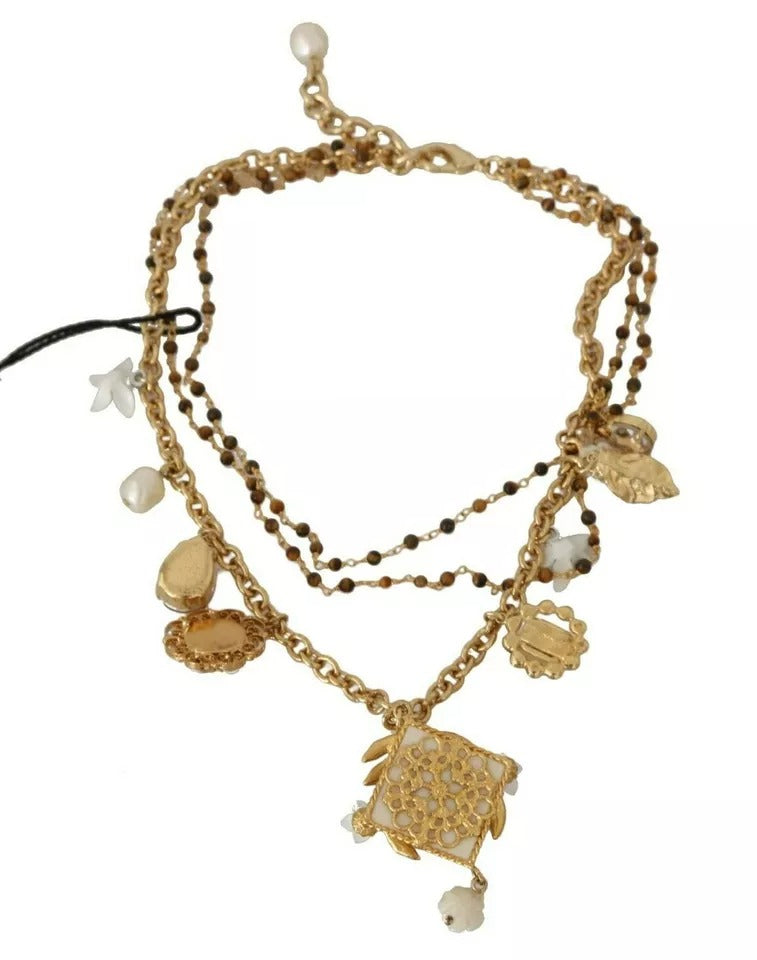 Dolce & Gabbana Gold Brass Crystal Floral Statement Charms Necklace - Zeiniez