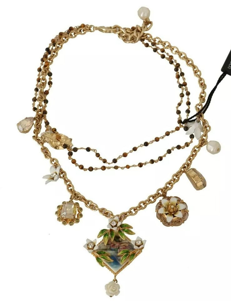 Dolce & Gabbana Gold Brass Crystal Floral Statement Charms Necklace - Zeiniez