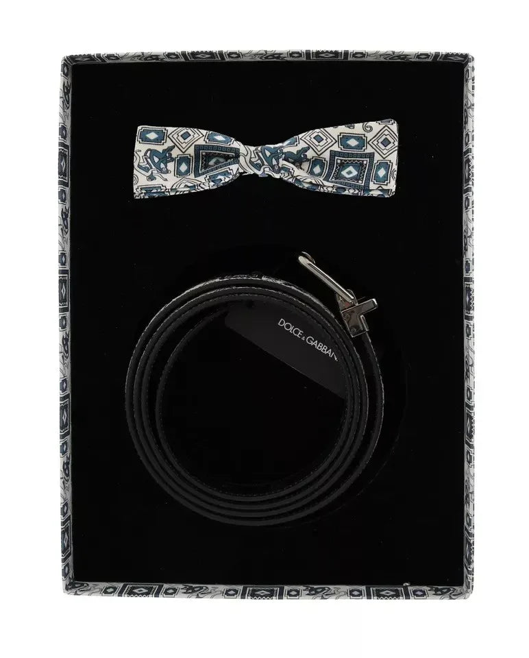 Dolce & Gabbana White Blue Silk Bowtie Leather Belt Gift Box Set - Zeiniez