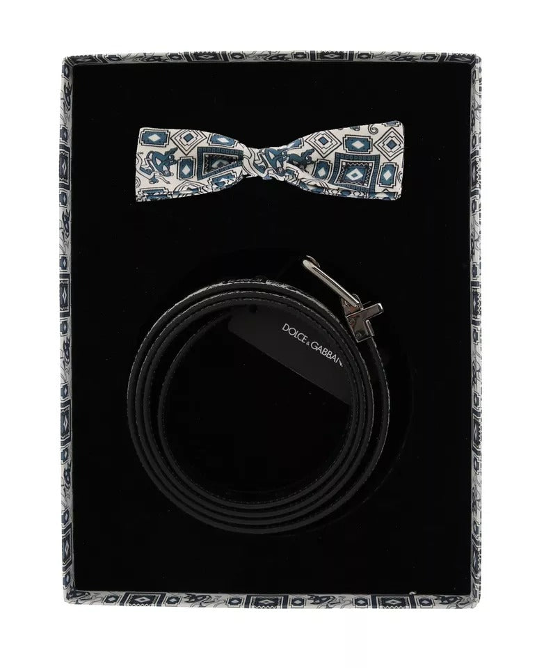 Dolce & Gabbana White Blue Silk Bowtie Leather Belt Gift Box Set - Zeiniez