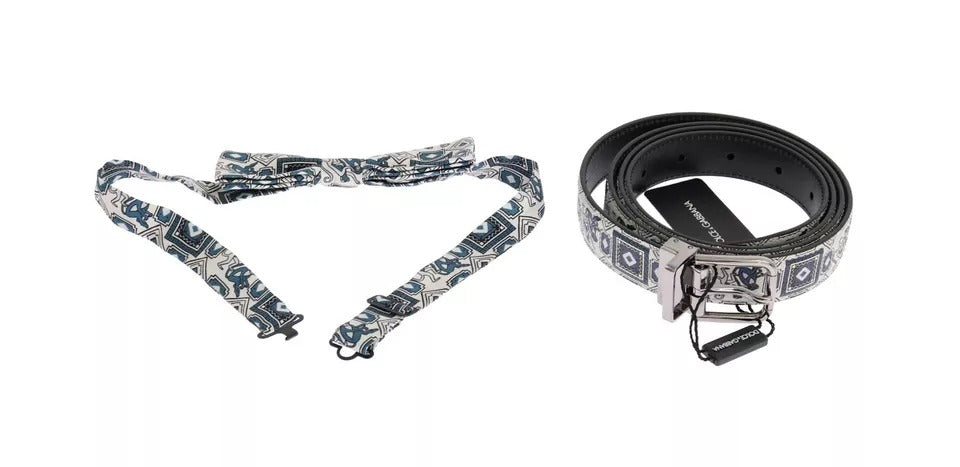 Dolce & Gabbana White Blue Silk Bowtie Leather Belt Gift Box Set - Zeiniez