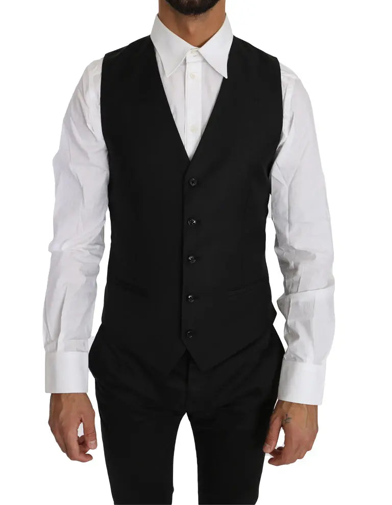 Dolce & Gabbana Black Solid Wool Silk Waistcoat Vest - Zeiniez