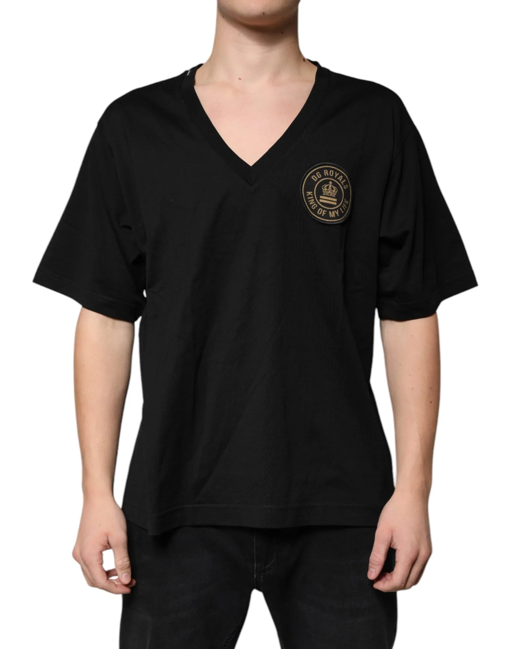 Dolce & Gabbana Black Cotton Logo Vneck Short Sleeve T-shirt - Zeiniez