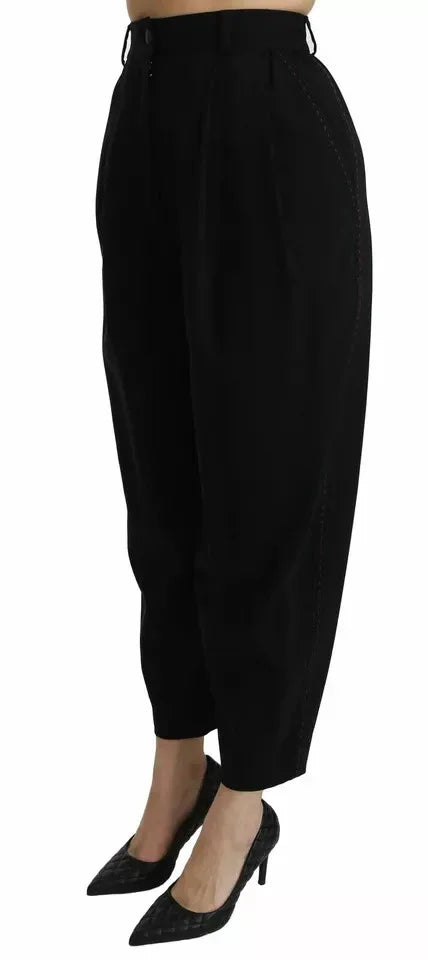 Dolce & Gabbana Black Wool High Waist Pleat Front Cropped Pants - Zeiniez