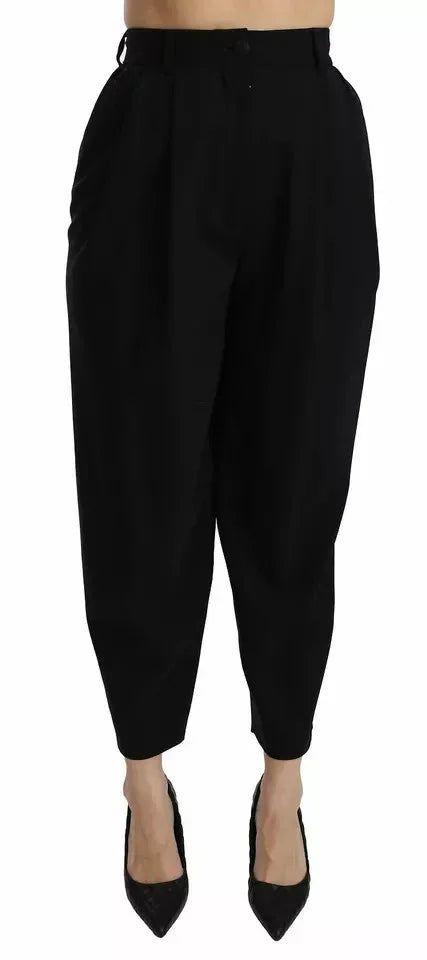 Dolce & Gabbana Black Wool High Waist Pleat Front Cropped Pants - Zeiniez