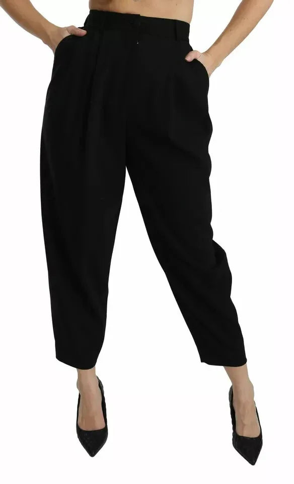 Dolce & Gabbana Black Wool High Waist Pleat Front Cropped Pants - Zeiniez