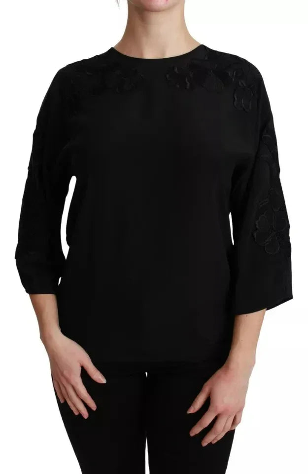 Dolce & Gabbana Black Floral Embroidered Blouse Silk Top - Zeiniez