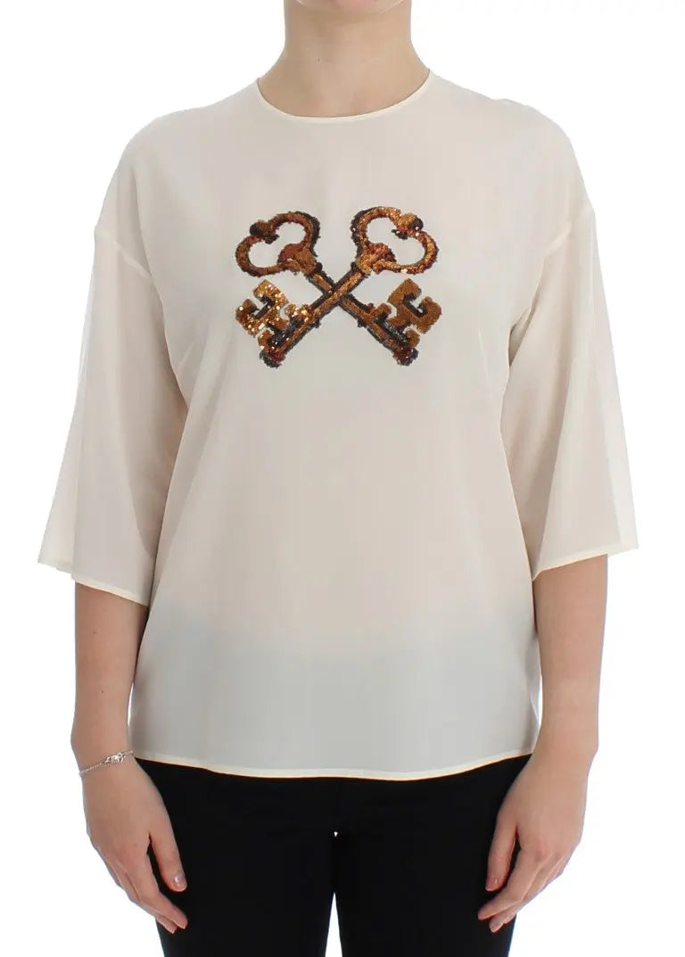 Dolce & Gabbana White Sequined Key Silk Blouse T-shirt Top Dolce & Gabbana