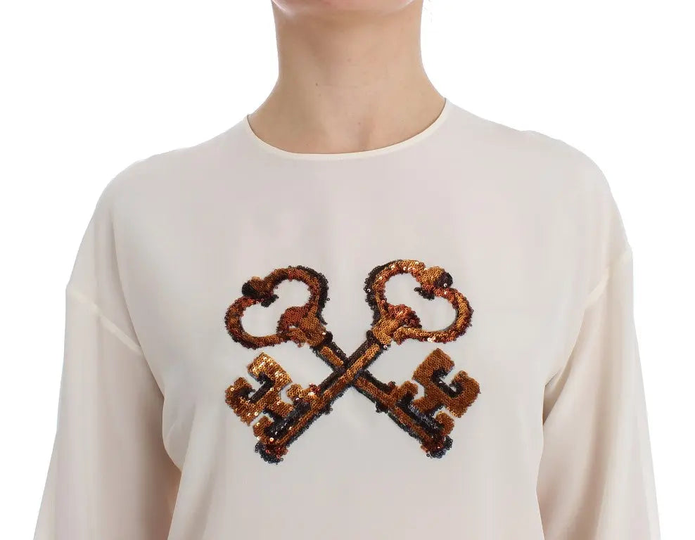 Dolce & Gabbana White Sequined Key Silk Blouse T-shirt Top Dolce & Gabbana