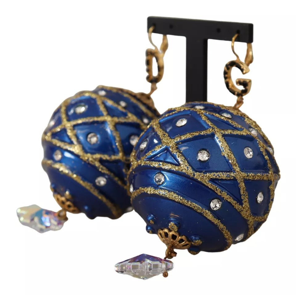 Dolce & Gabbana Gold Brass Blue Christmas Ball Crystal Hook Jewelry Earrings - Zeiniez