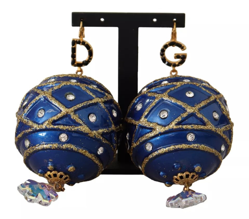 Dolce & Gabbana Gold Brass Blue Christmas Ball Crystal Hook Jewelry Earrings - Zeiniez