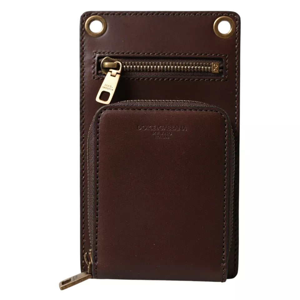 Dolce & Gabbana Brown Calf Leather Zip Logo Shoulder Neck Strap Wallet - Zeiniez