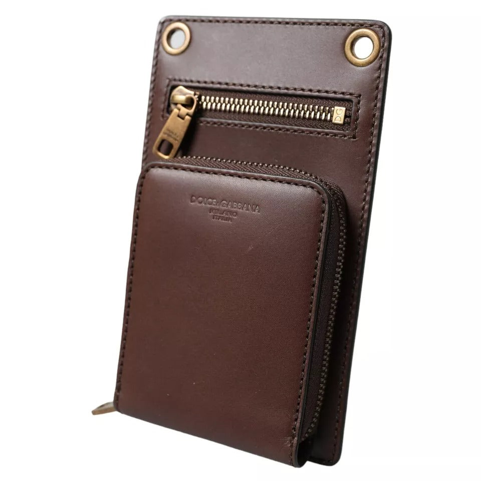 Dolce & Gabbana Brown Calf Leather Zip Logo Shoulder Neck Strap Wallet - Zeiniez