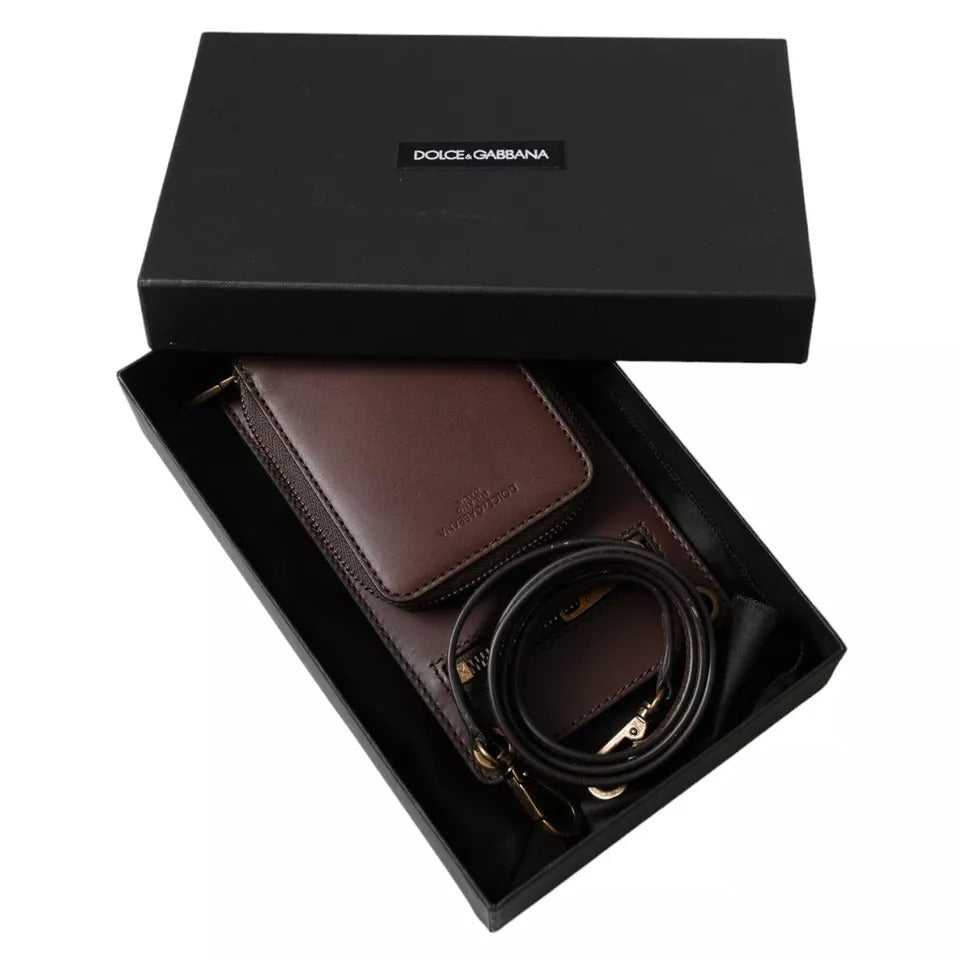 Dolce & Gabbana Brown Calf Leather Zip Logo Shoulder Neck Strap Wallet - Zeiniez