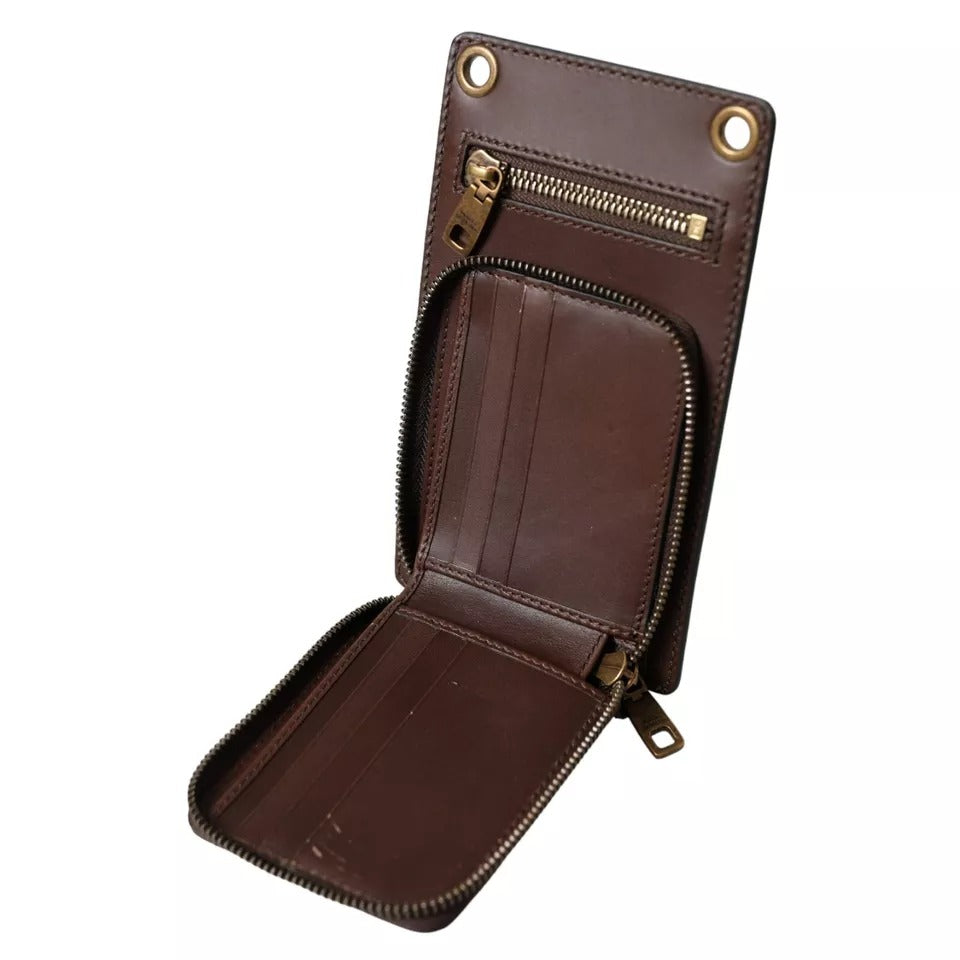 Dolce & Gabbana Brown Calf Leather Zip Logo Shoulder Neck Strap Wallet - Zeiniez
