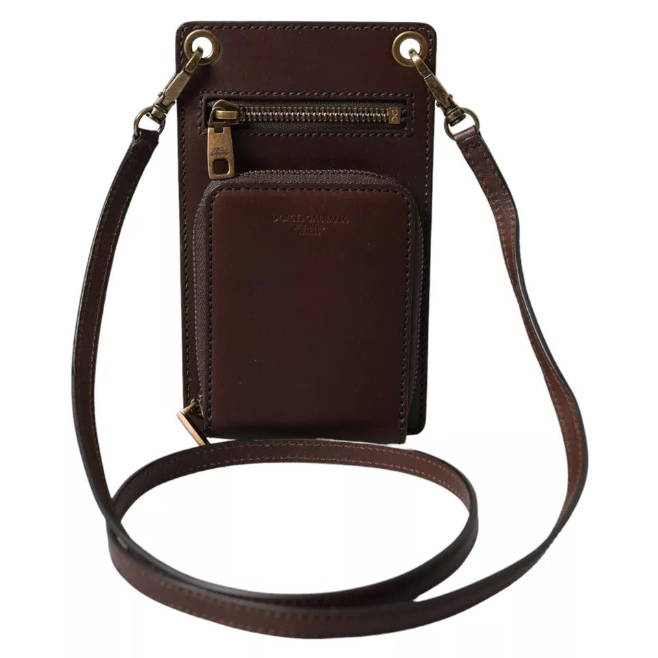 Dolce & Gabbana Brown Calf Leather Zip Logo Shoulder Neck Strap Wallet - Zeiniez