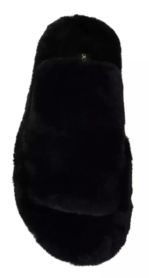 Dolce & Gabbana Black Polyester Faux Fur Mens Flats Sandals Shoes - Zeiniez