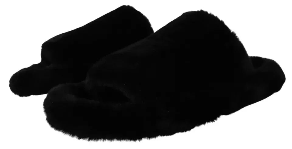Dolce & Gabbana Black Polyester Faux Fur Mens Flats Sandals Shoes - Zeiniez