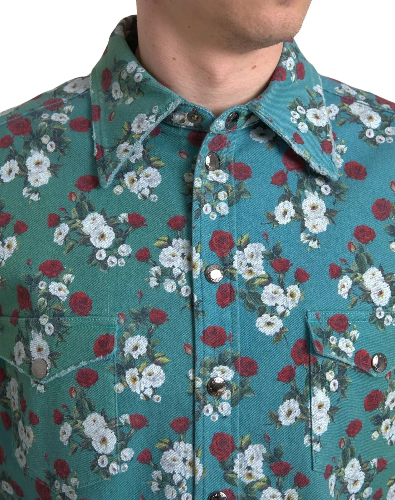 Dolce & Gabbana Blue Floral Cotton Button Down Denim Shirt - Zeiniez