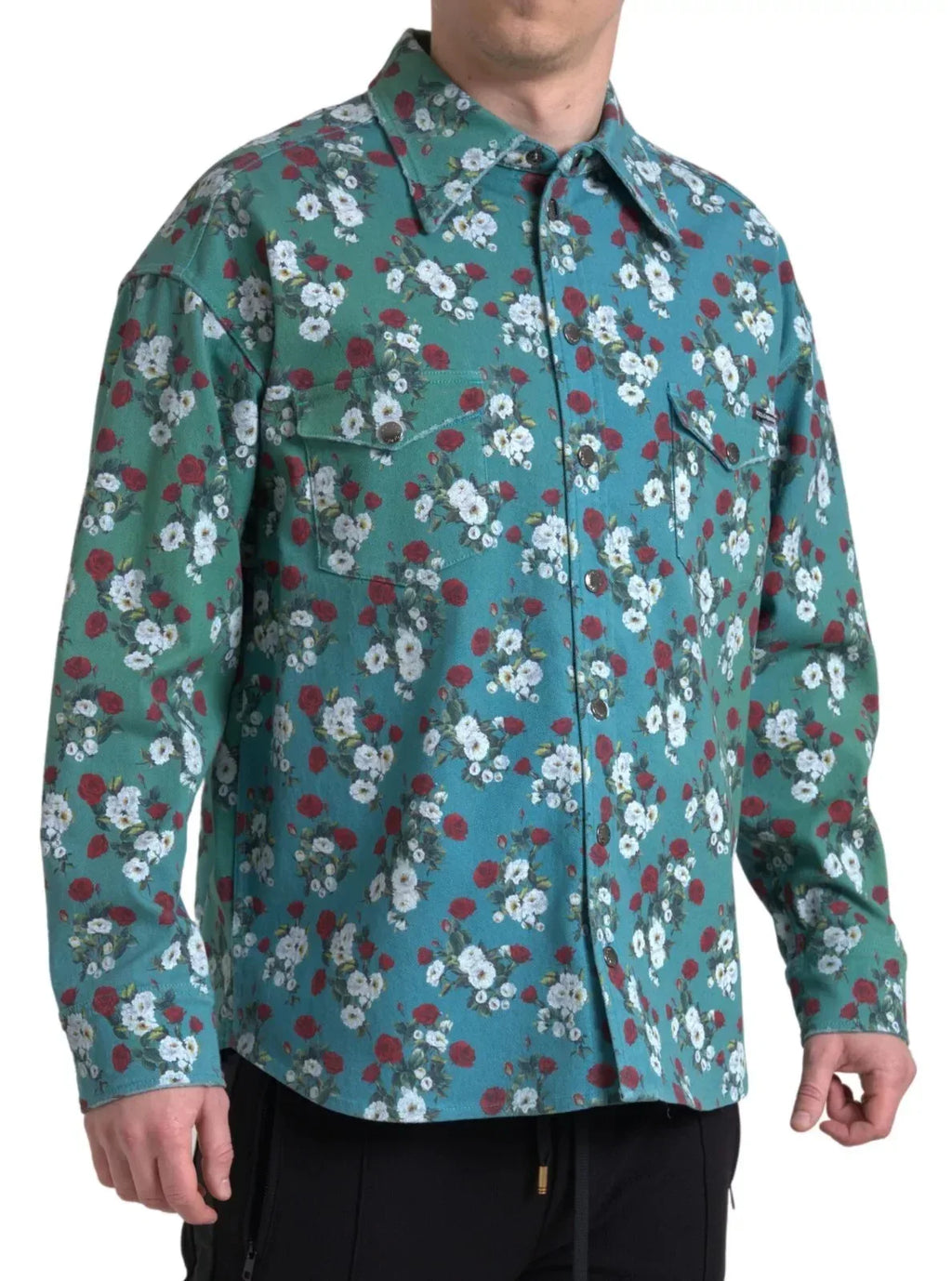 Dolce & Gabbana Blue Floral Cotton Button Down Denim Shirt - Zeiniez