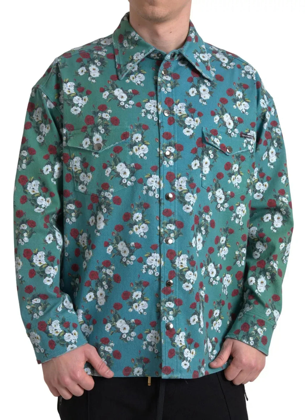 Dolce & Gabbana Blue Floral Cotton Button Down Denim Shirt - Zeiniez