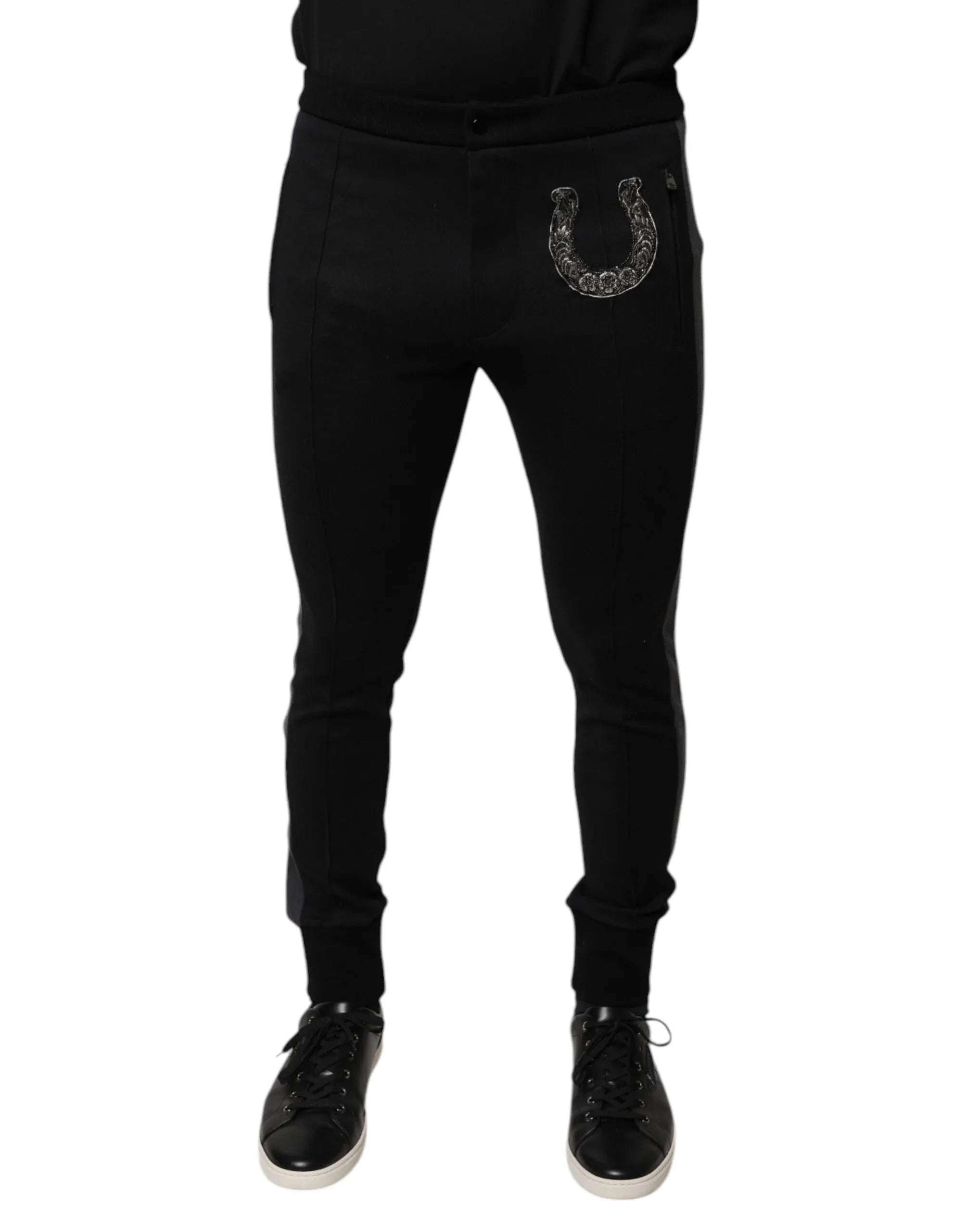 Dolce & Gabbana Black Horseshoe Embellished Wool Slim Fit Pants - Zeiniez