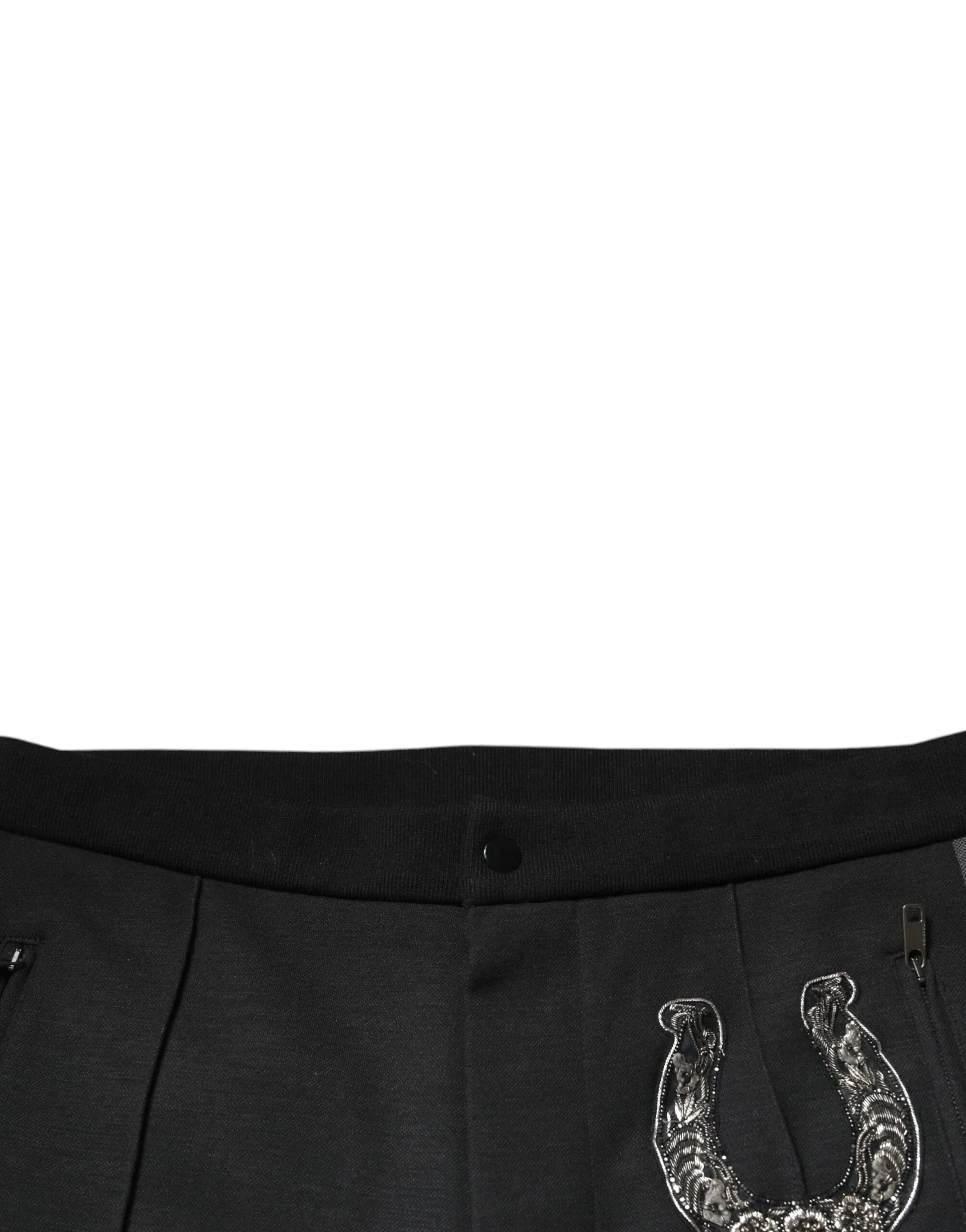 Dolce & Gabbana Black Horseshoe Embellished Wool Slim Fit Pants - Zeiniez