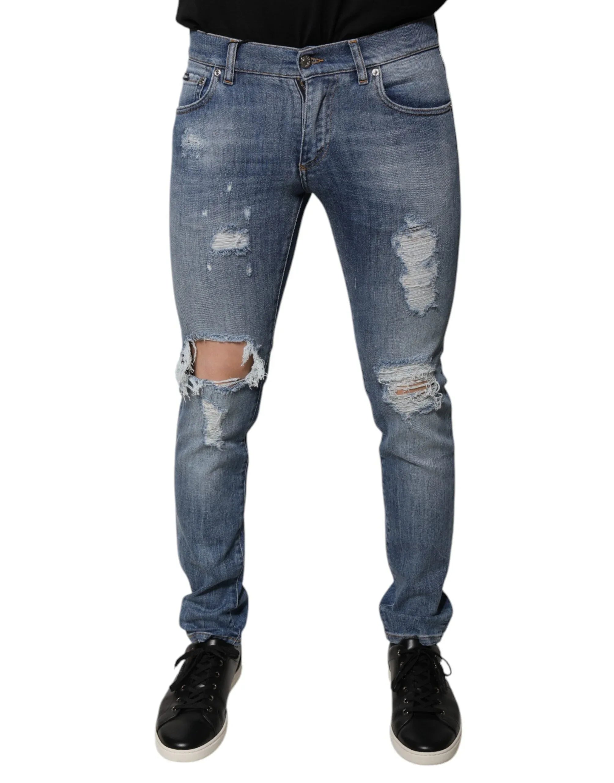 Dolce & Gabbana Blue Tattered Cotton Stretch Skinny Denim Jeans - Zeiniez