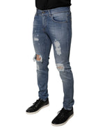 Dolce & Gabbana Blue Tattered Cotton Stretch Skinny Denim Jeans - Zeiniez