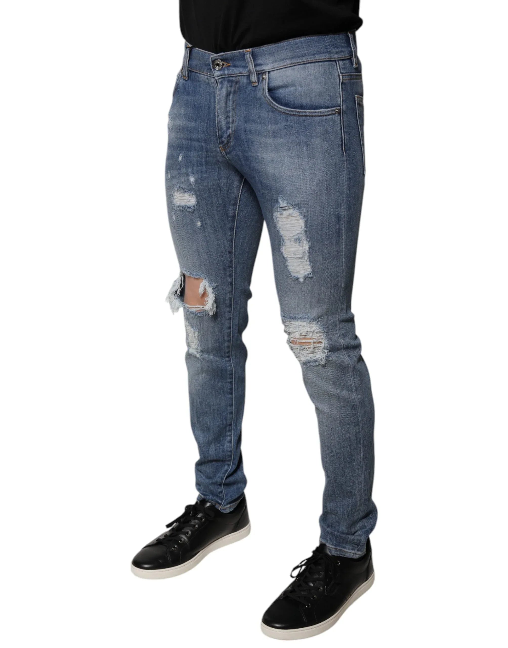 Dolce & Gabbana Blue Tattered Cotton Stretch Skinny Denim Jeans - Zeiniez