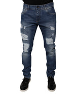 Dolce & Gabbana Blue Cotton Tattered Skinny Denim Jeans - Zeiniez