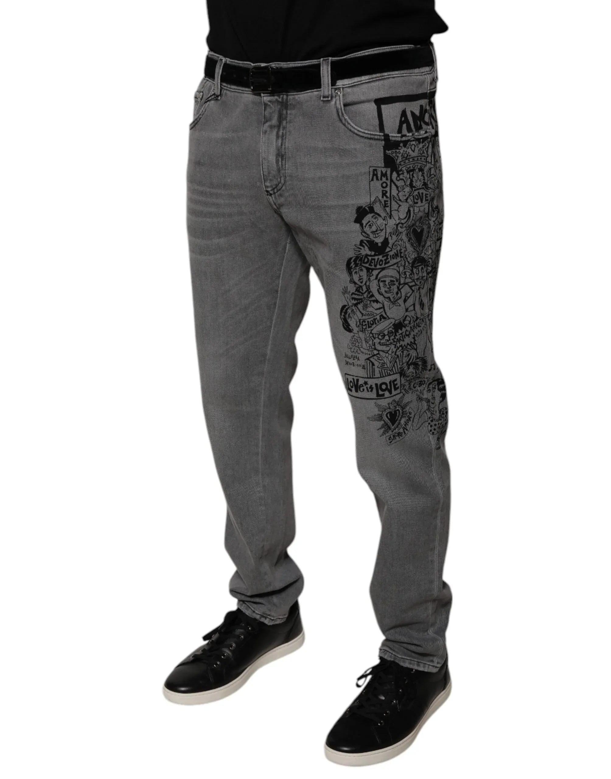 Dolce & Gabbana Gray Graphic Print Cotton Skinny Denim Jeans - Zeiniez