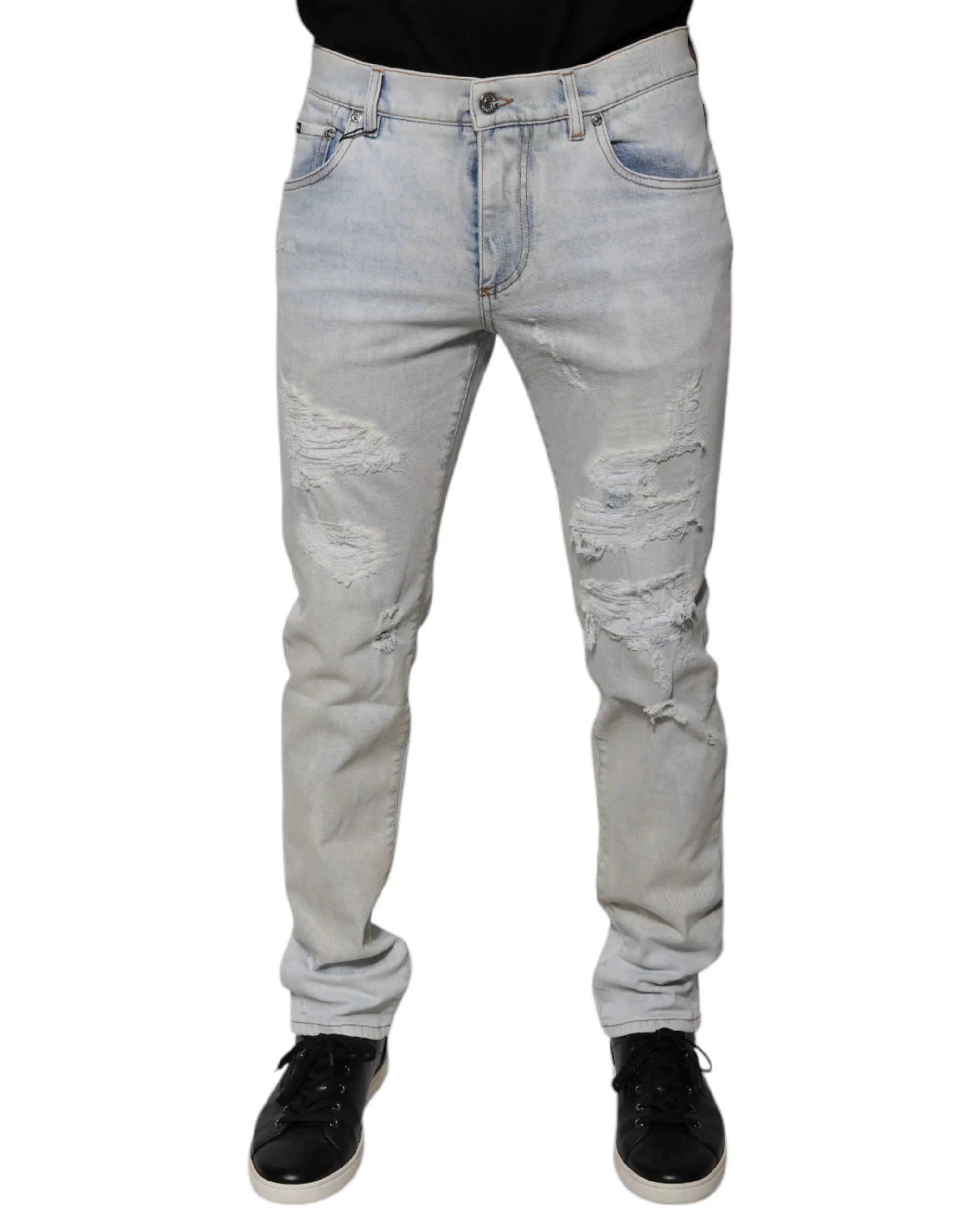 Dolce & Gabbana Light Blue Cotton Blend Tattered Skinny Denim Jeans - Zeiniez