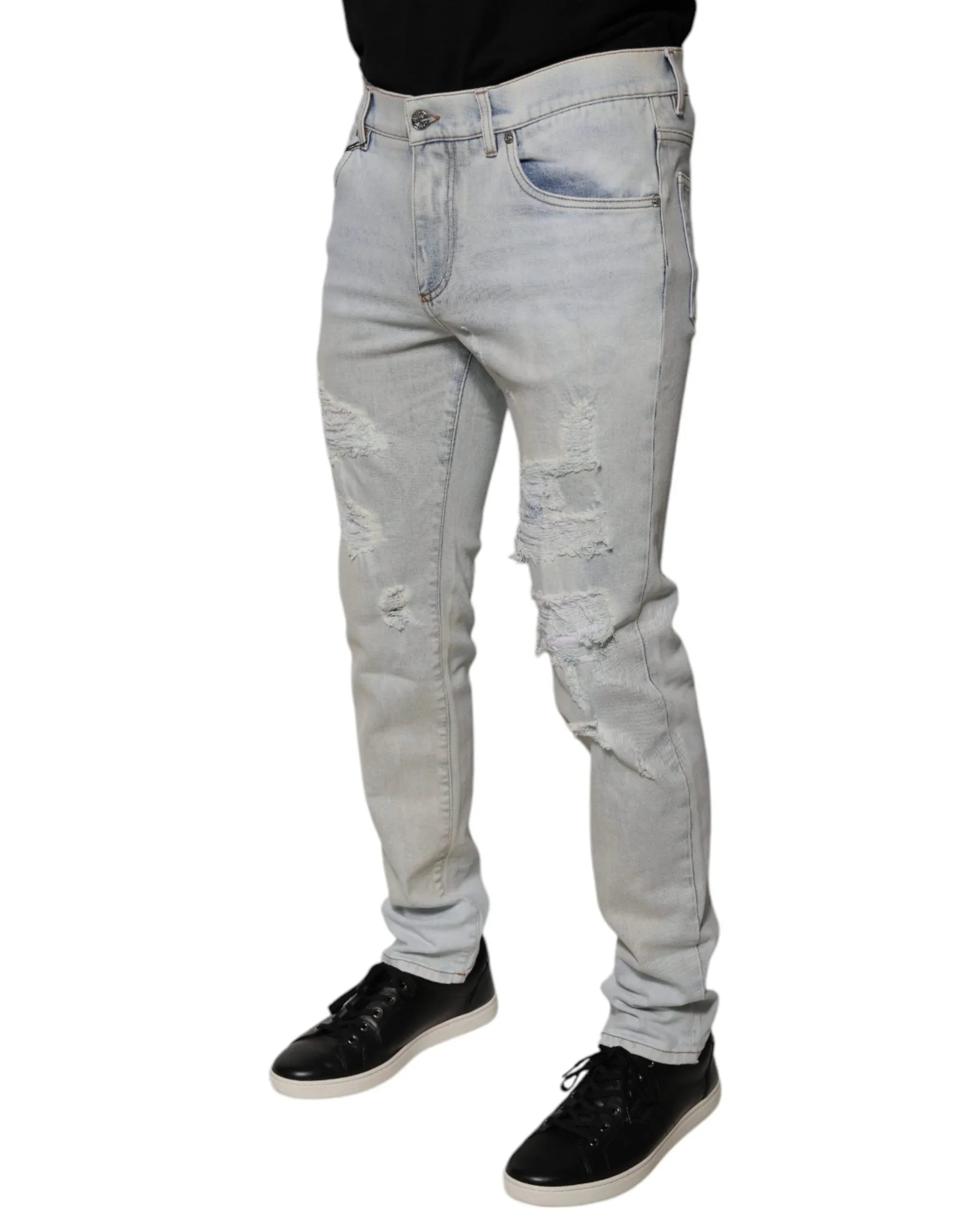 Dolce & Gabbana Light Blue Cotton Blend Tattered Skinny Denim Jeans - Zeiniez