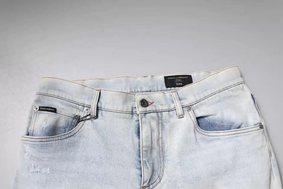 Dolce & Gabbana Light Blue Cotton Blend Tattered Skinny Denim Jeans - Zeiniez