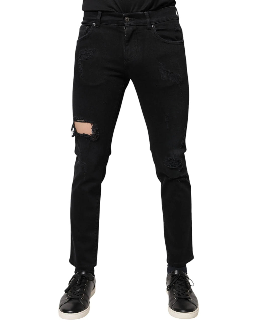 Dolce & Gabbana Black Cotton Tattered Skinny Denim Logo Jeans - Zeiniez