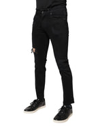 Dolce & Gabbana Black Cotton Tattered Skinny Denim Logo Jeans - Zeiniez