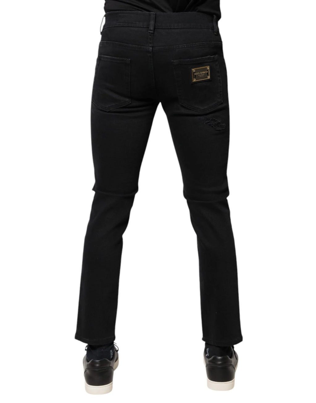 Dolce & Gabbana Black Cotton Tattered Skinny Denim Logo Jeans - Zeiniez