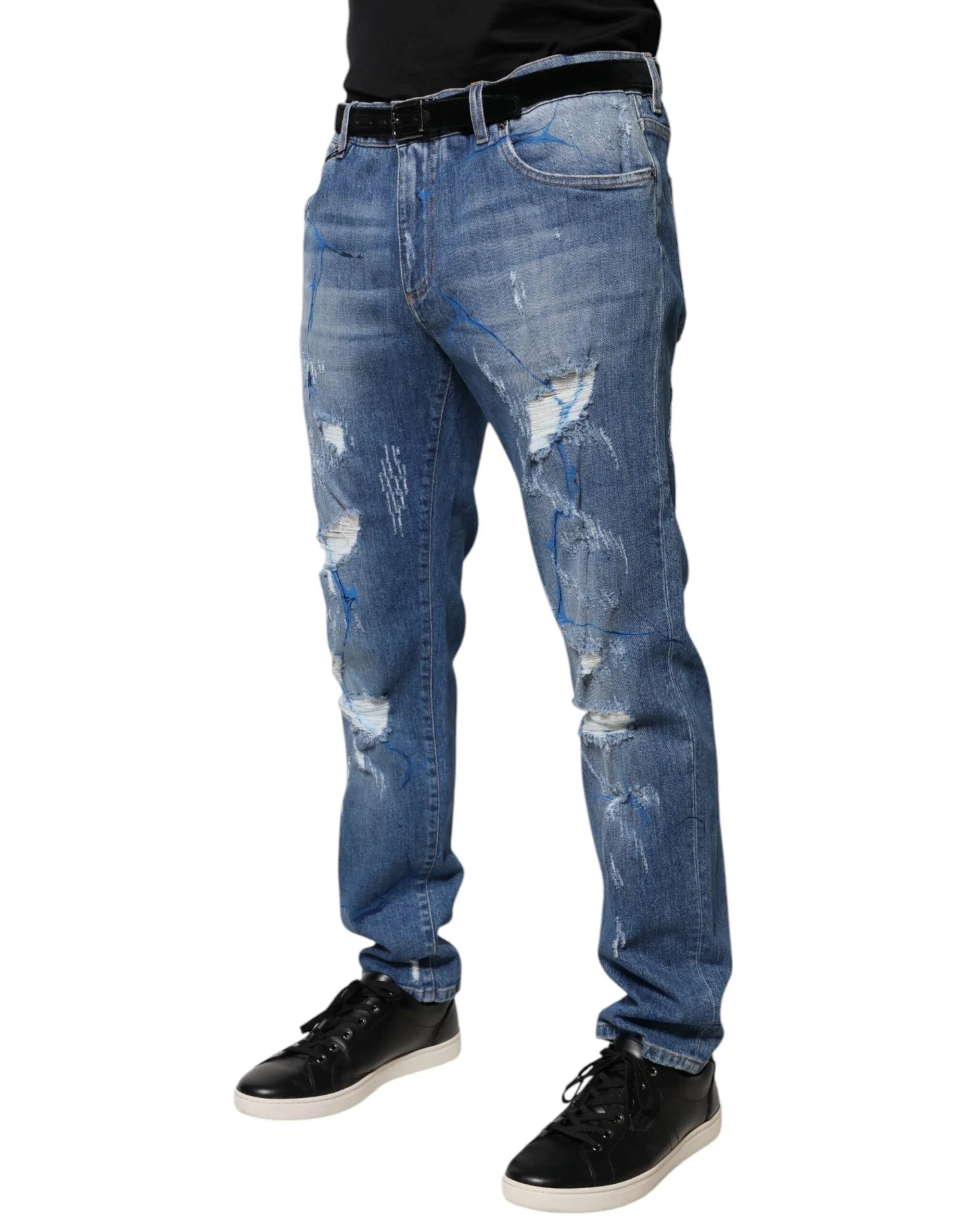 Dolce & Gabbana Blue Cotton Stretch Tattered Skinny Denim Jeans - Zeiniez