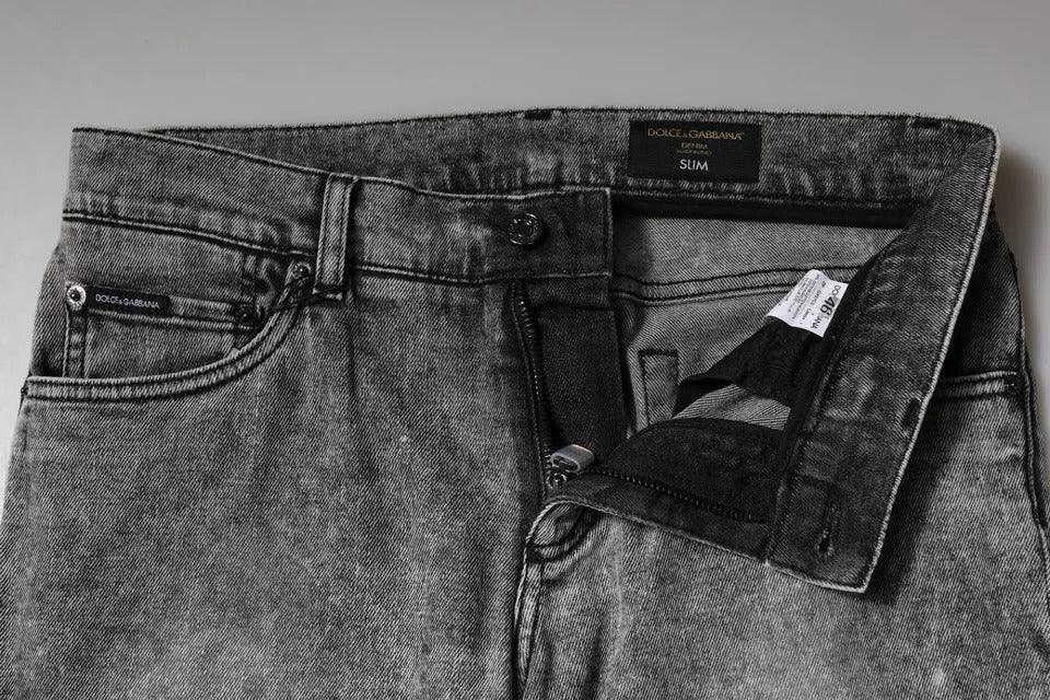 Dolce & Gabbana Gray Logo Plaque Cotton Slim Fit Denim Jeans - Zeiniez