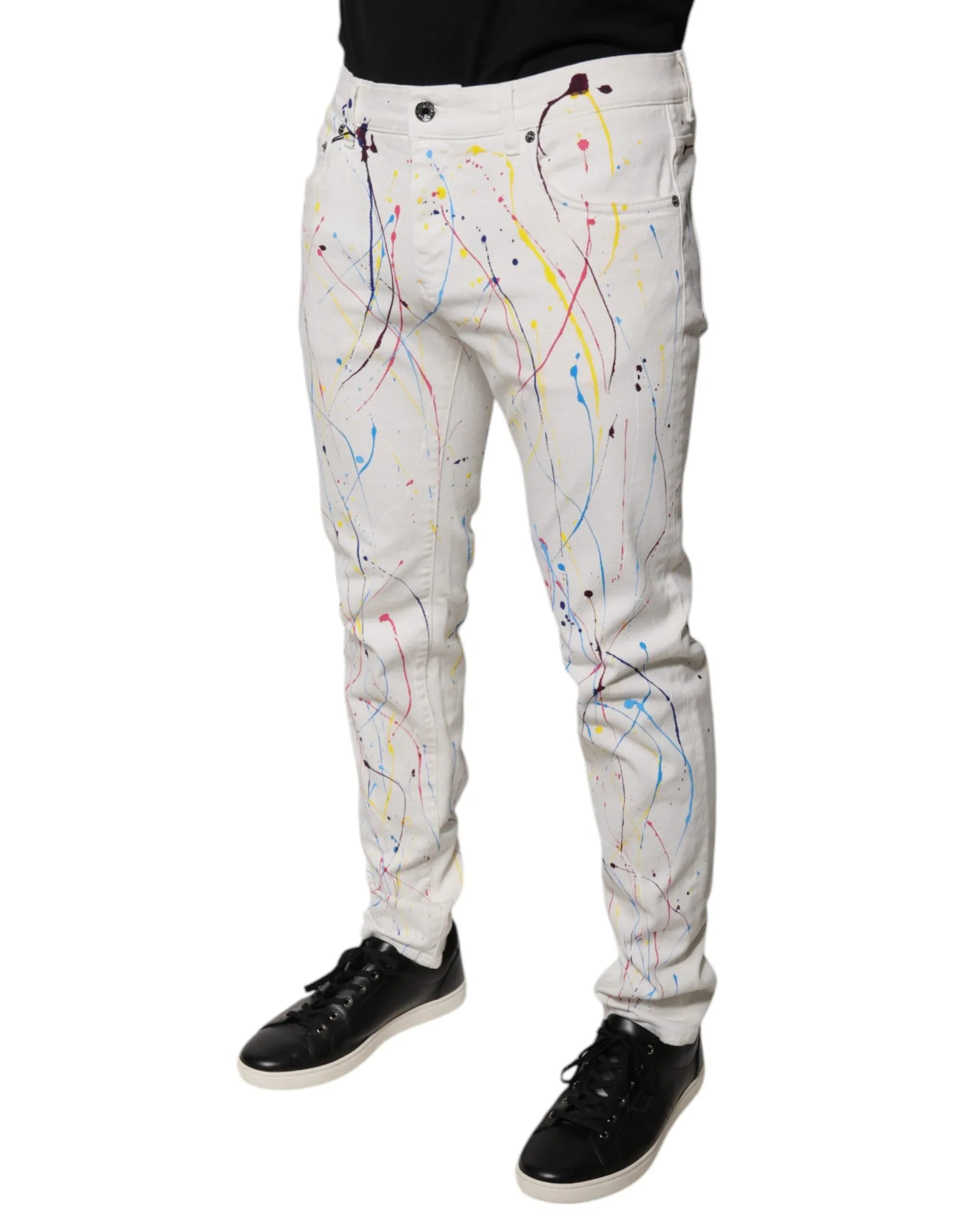 Dolce & Gabbana White Color Splash Print Skinny Denim Jeans - Zeiniez