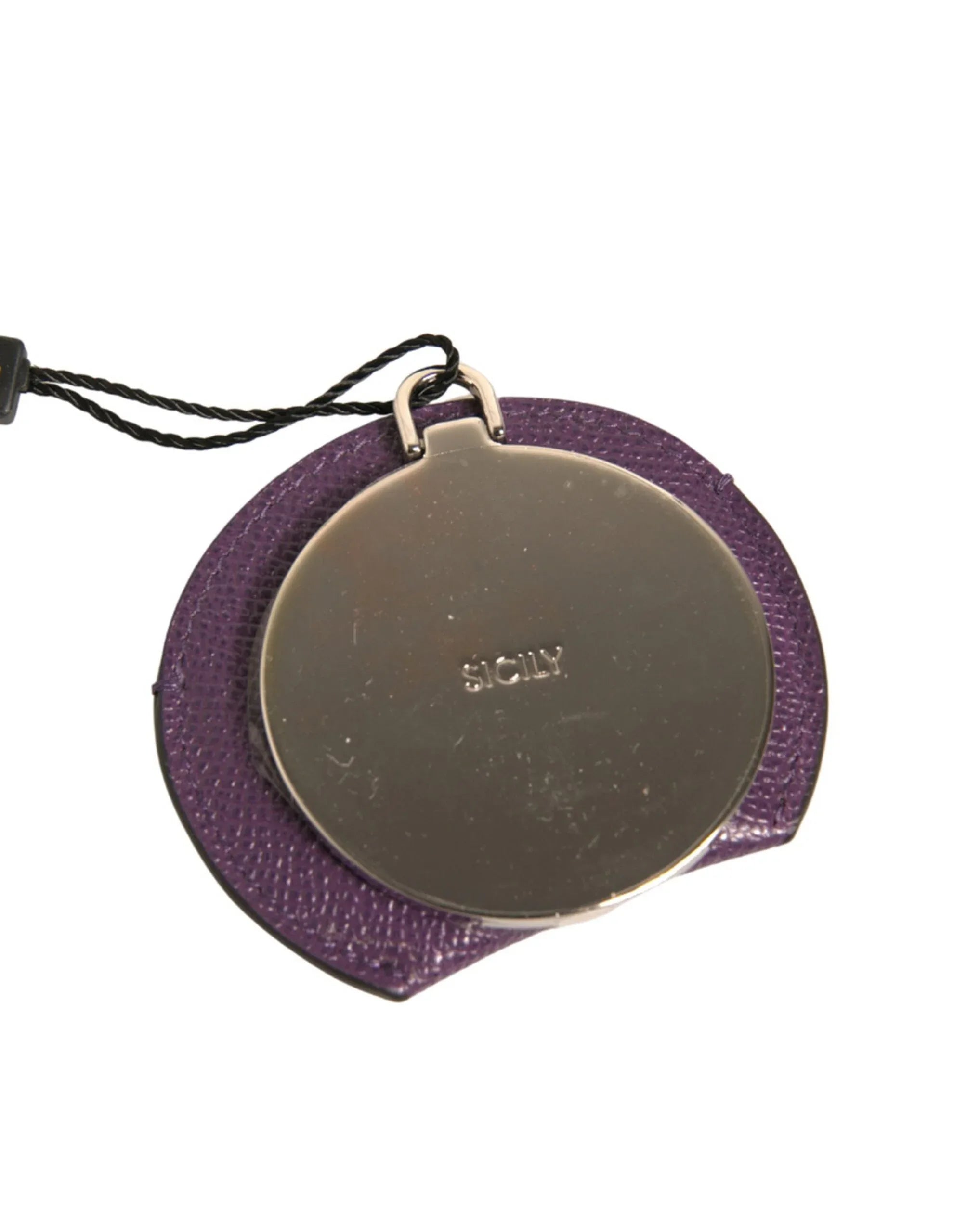 Dolce & Gabbana Purple Calfskin Leather Round Logo Hand Mirror Holder - Zeiniez