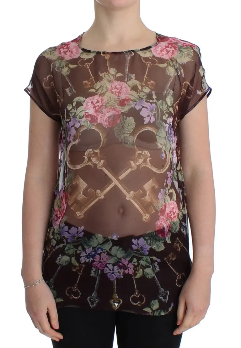 Dolce & Gabbana Black Key Floral Print Silk Blouse T-shirt Dolce & Gabbana
