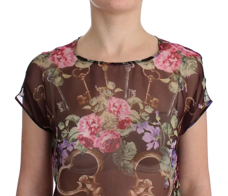 Dolce & Gabbana Black Key Floral Print Silk Blouse T-shirt Dolce & Gabbana